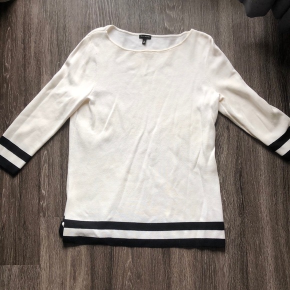 Talbots Classic White Sweater with Black Trim | Nautical Style | 3/4 Sleeve - Picture 1 of 8